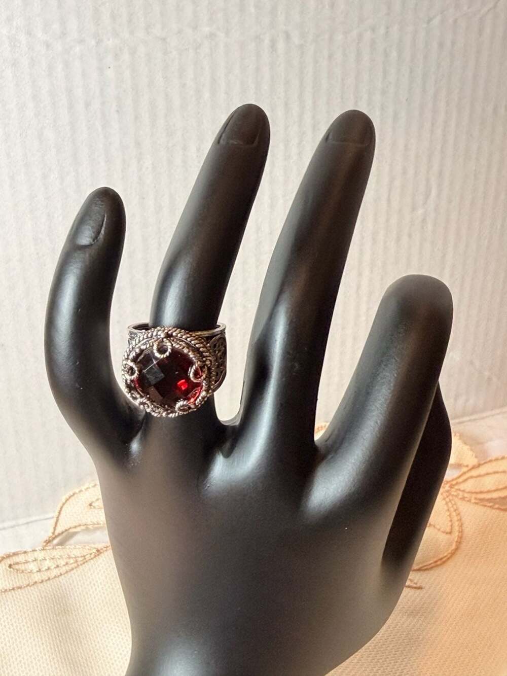 DBS Turkey 925 Sterling Silver Red Spinel Filigree Ring Size 5